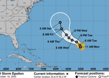 Tropical Storm Epsilon develops in Atlantic, could become hurricane